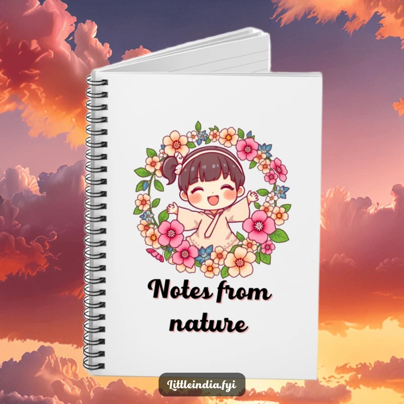 Funny Notebook cover featuring a joyful character spinning a fragrant flower garland, perfect for journaling creativity, thoughts, and beautiful ideas.