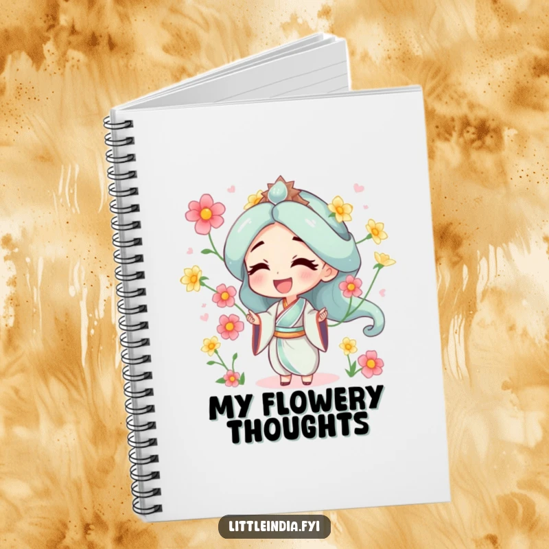 Funny notebook cover with a character juggling jasmine flowers, symbolizing creativity, beauty, and joyful expression.