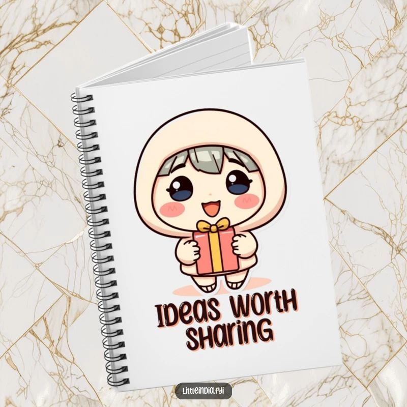 Funny Notebook: A cheerful character’s generous smile accompanies the offer of a small gift on the cover.