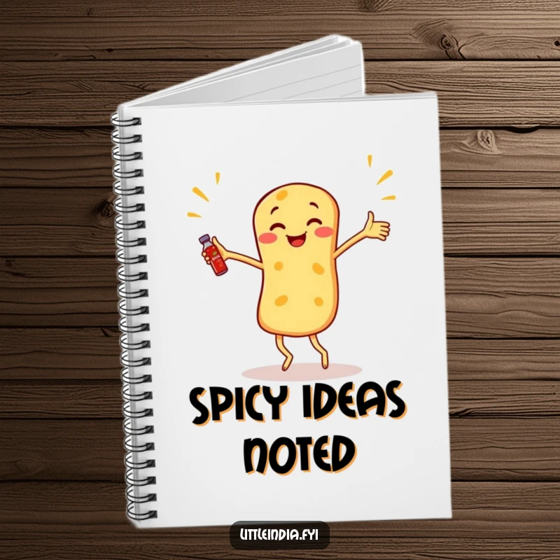 Funny Roti Canai Notebook cover with a dancing roti canai juggling miniature sambal bottles.