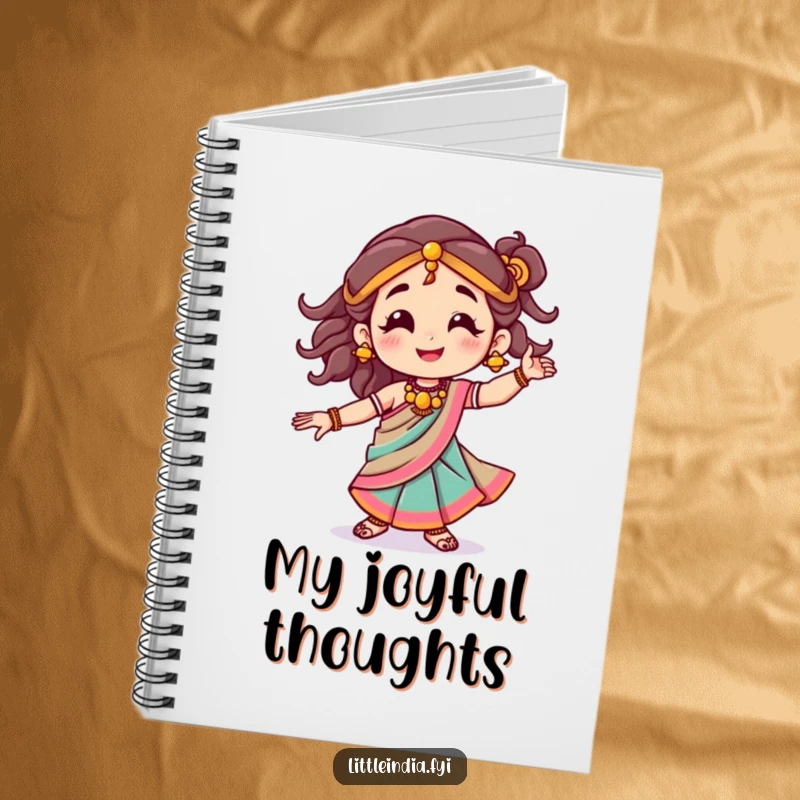 Funny notebook with a smiling character in a colorful sari, dancing joyfully, inspiring creative and happy writing.