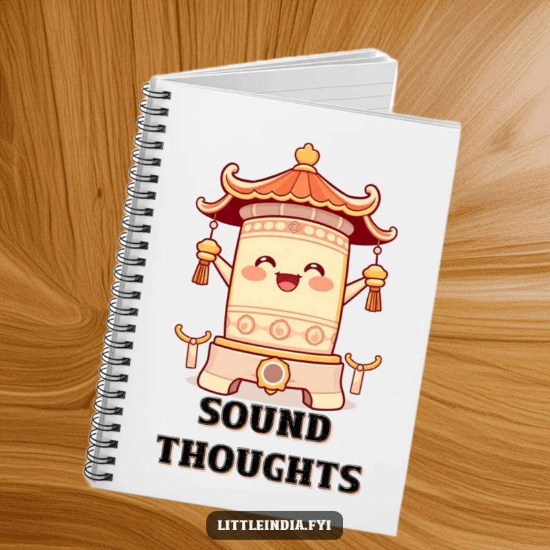 Funny notebook featuring a happy temple bell character ringing with pure joy, perfect for capturing thoughts with a dose of clear resonance and uplifting happiness.
