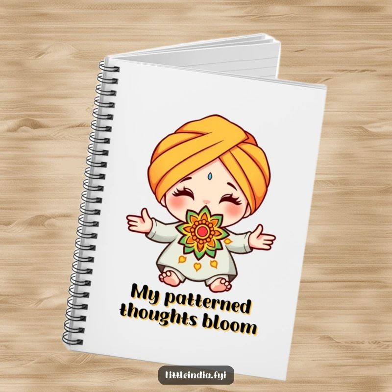 Funny turban rangoli notebook showing a cute character wearing a turban, offering a decorative rangoli pattern, ready for your notes.