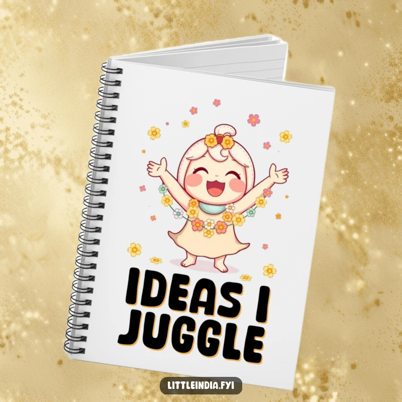Funny notebook cover with a jubilant character juggling small flower garlands, smiling widely, ready for notes.