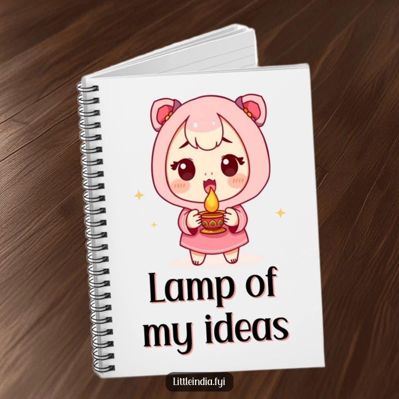 Funny Notebook with an excited character holding a small diya lamp, ideal for jotting down humorous festive notes.