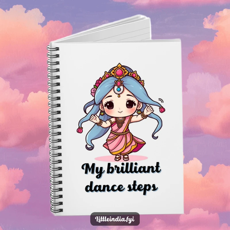 Funny notebook with a character dancing dynamically in a sari, great for writing, sketching, or planning, offering a humorous and inspiring cover.