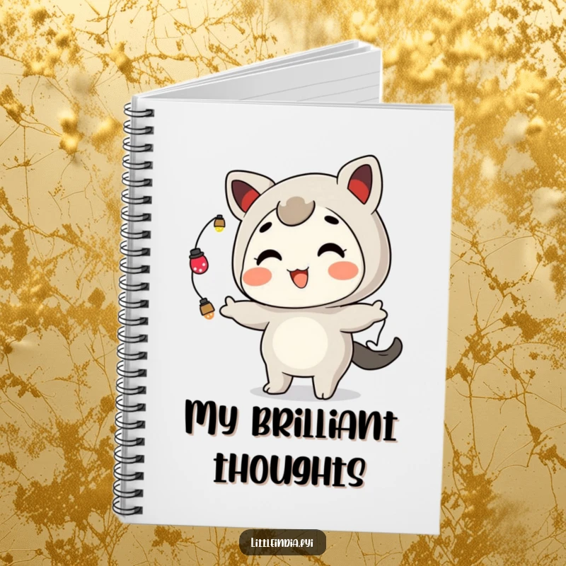 Funny Notebook: A playful character with a happy grin juggles colorful ornamental lights on the cover.