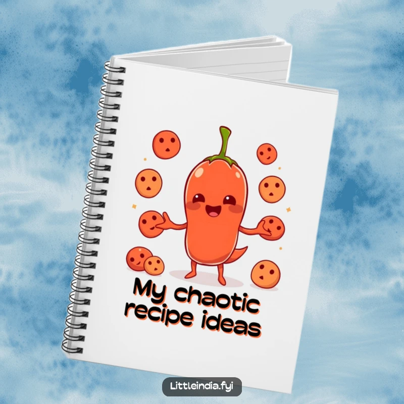 Funny chili pepper character juggling idlis on the cover of a lined notebook, perfect for notes and sketches.