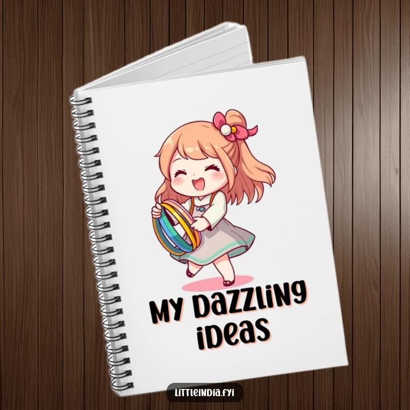 Funny notebook with a happy character twirling with colorful bangles, inspiring creative and joyful writing.