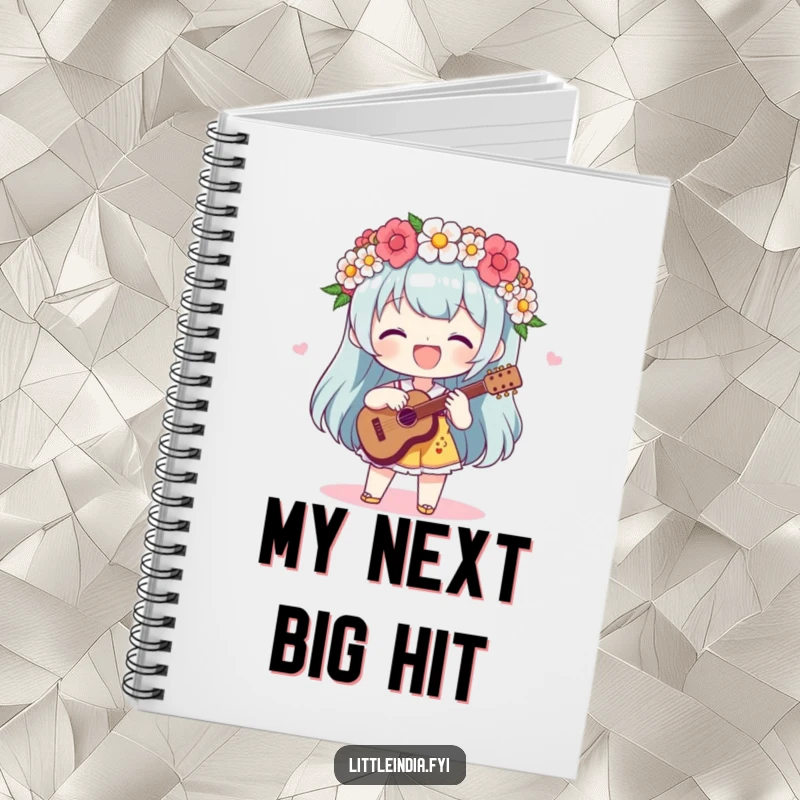 Funny Notebook: A delighted character adorned with a flower garland plays a rhythmic beat, inspiring creativity for note-taking.