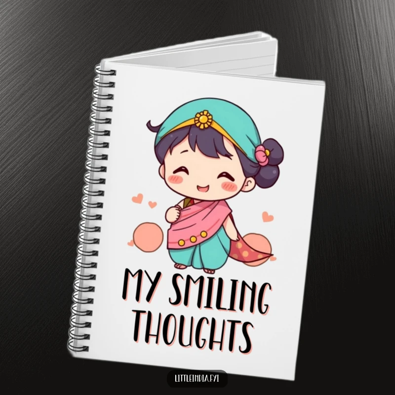 Funny Notebook with a cute character in a tiny sari happily exchanging smiles, ideal for note-taking, a unique funny gift.