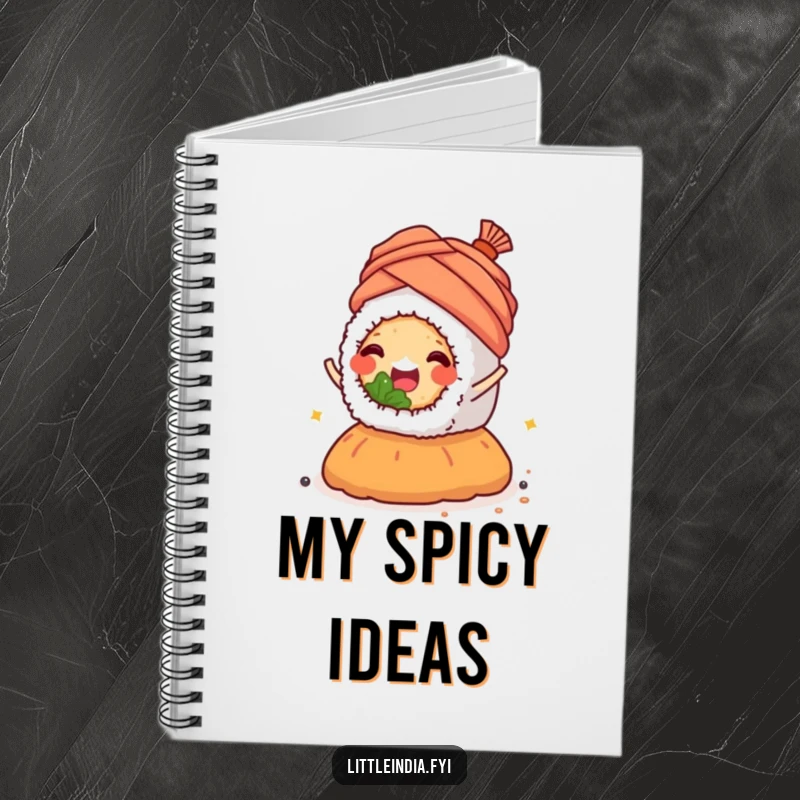 Happy sushi roll wearing a tiny turban, joyfully riding a spice mound, on the cover of a notebook.