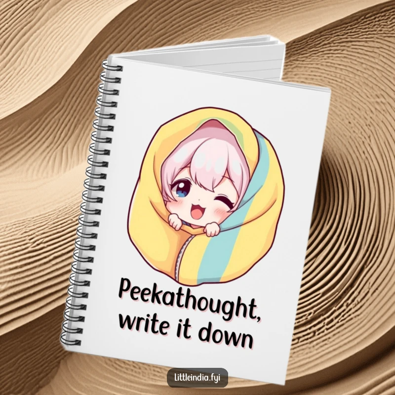 Funny Giggling Notebook: Character playfully peeking from behind a colorful fabric, ideal for jotting down notes with a smile.