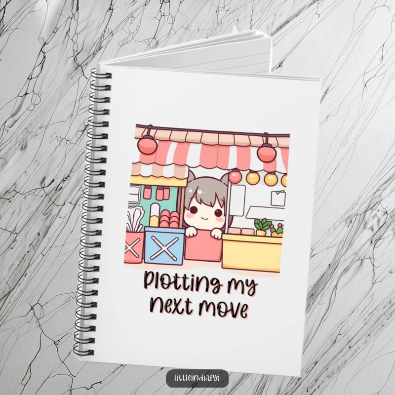 Funny notebook with a playful character peeking from colorful market stalls, ideal for notes and creative thinking.