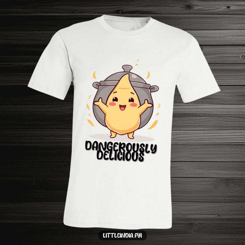 Funny t-shirt with a bold samosa heroically facing a giant curry pot, ready for action and flavor.