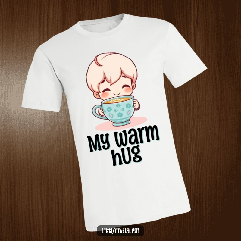 Funny T-Shirt: Smiling character happily sipping a steaming cup of chai, showcasing ultimate comfort and beverage bliss.