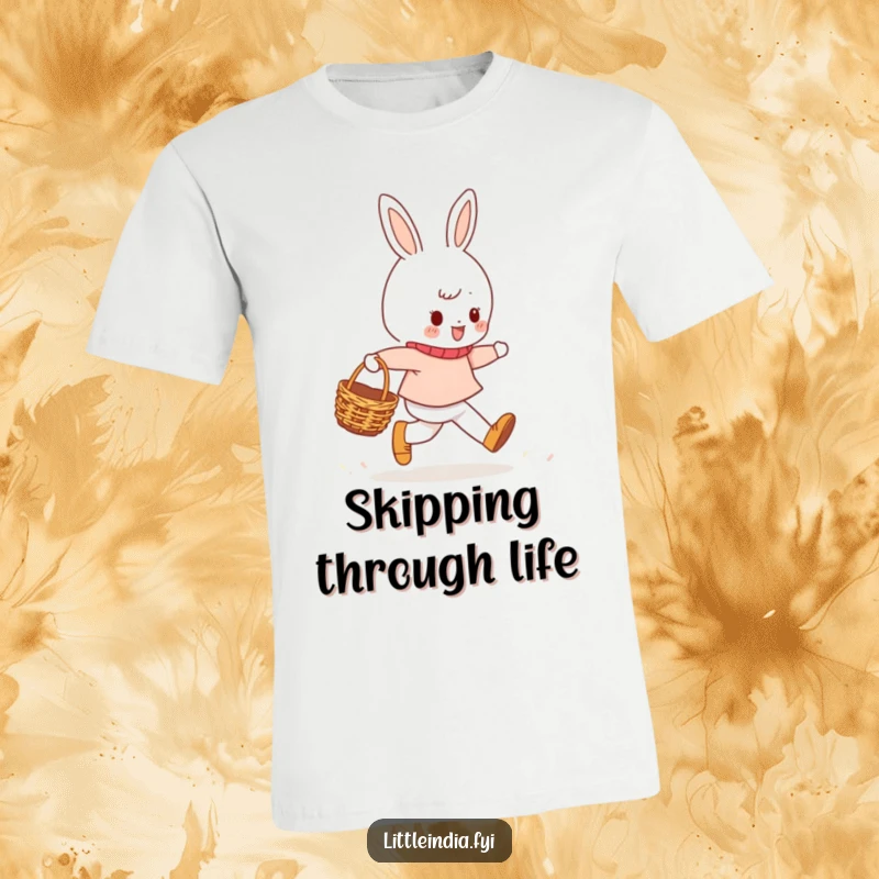 Funny T-Shirt depicting a cheerful character skipping energetically with a woven basket, symbolizing carefree joy and an optimistic outlook.