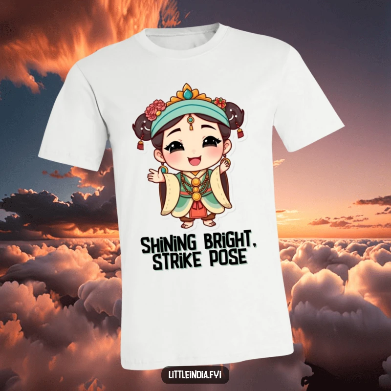 Funny Cultural Pose T-Shirt: Happy character wearing ornate traditional jewelry, striking a confident and graceful pose.