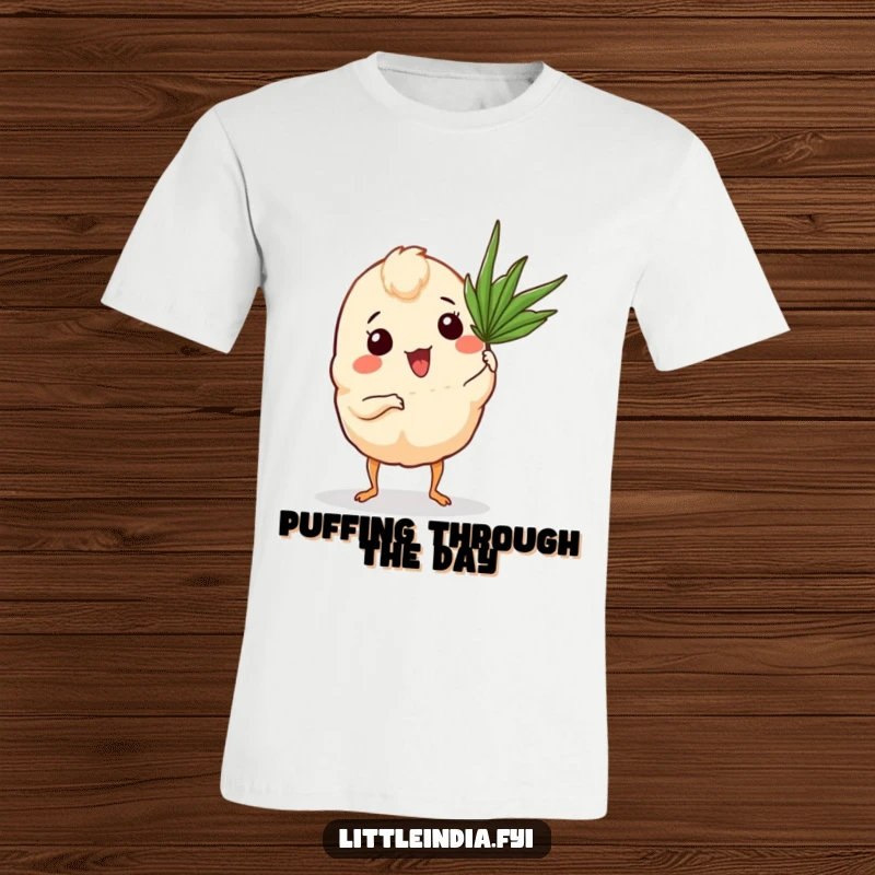 Funny Curry Puff T-Shirt showing a curry puff with tiny legs excitedly fanning itself with a palm frond.