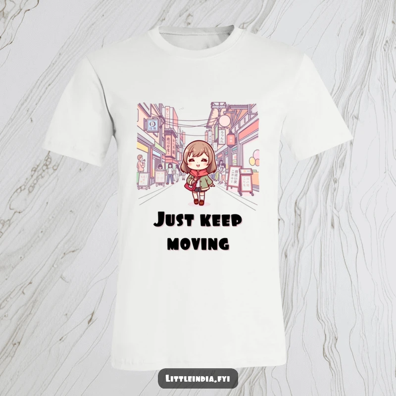 Funny t-shirt featuring a cute character with a smile, confidently navigating a bustling city street, embodying urban joy.