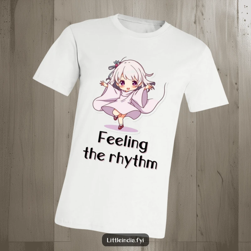 Funny T-Shirt with a character playfully dancing, fabric flowing dynamically, capturing movement and humor.