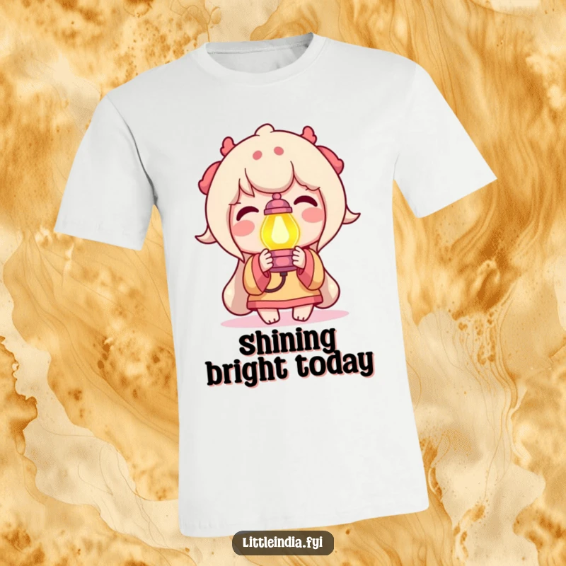 Funny T-Shirt depicting a delighted character holding a small, brightly colored lamp, representing optimism, guidance, and cheerful illumination.