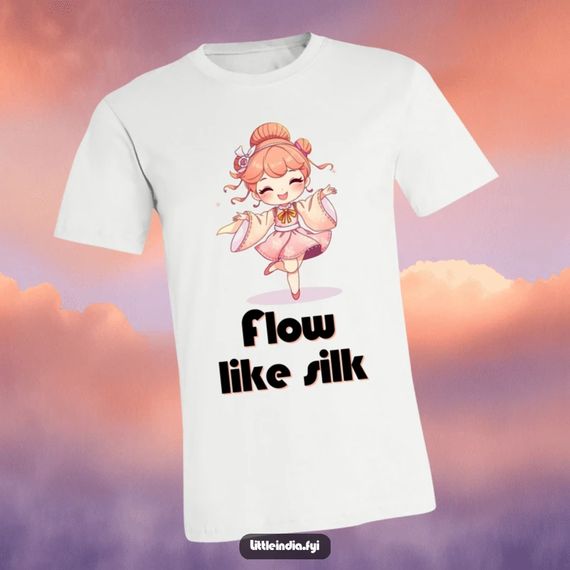 Funny t-shirt of a delighted character gracefully dancing with shimmering silk fabrics, capturing a moment of pure delight.