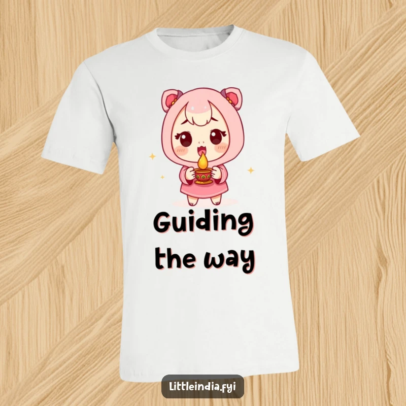 Funny T-Shirt with an excited character joyfully holding a small diya lamp, perfect for festive humor.