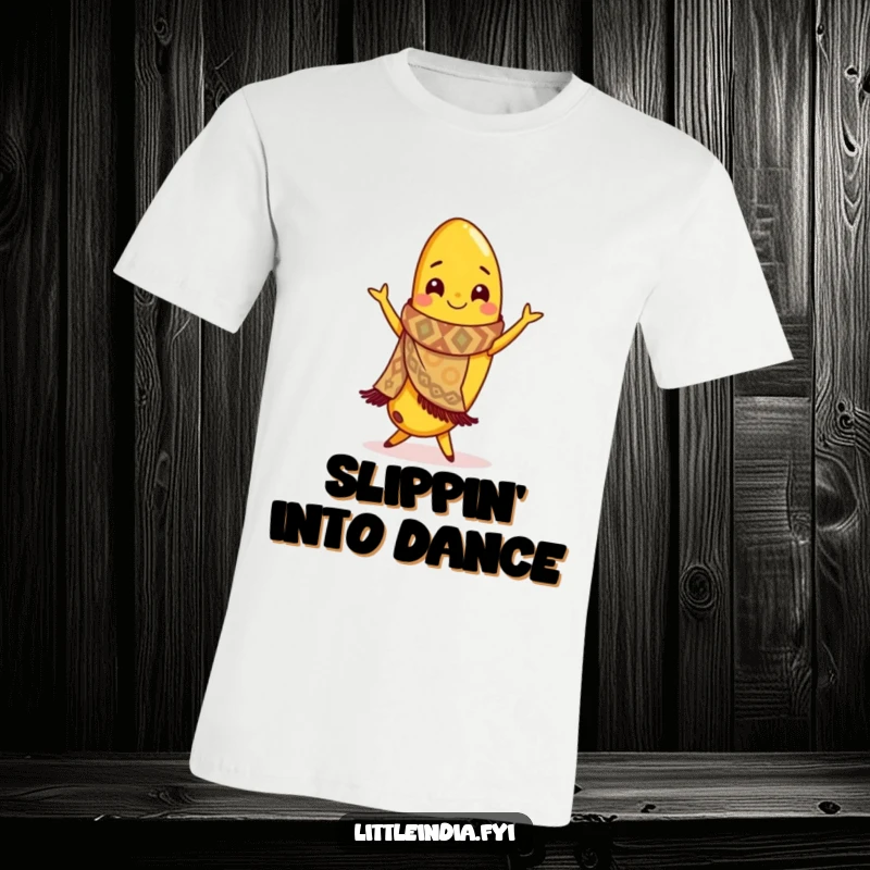 Funny t-shirt with a smiling banana sporting a patterned scarf, striking a dramatic flamenco dance pose.