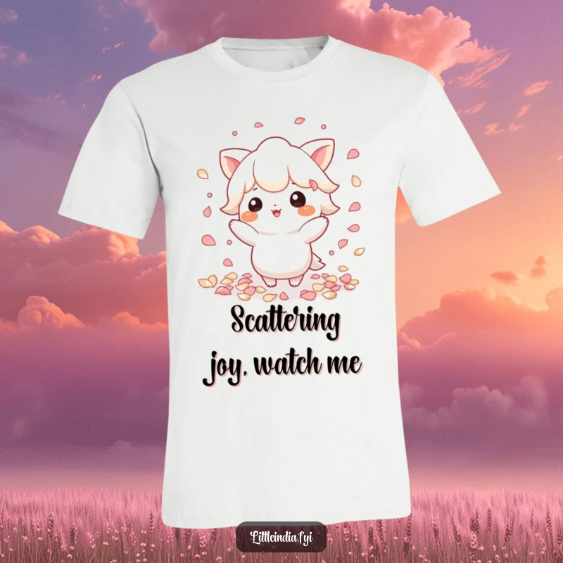Funny Floral Flourish T-Shirt: Playful character scatters vibrant petals gracefully, adding a touch of magic.