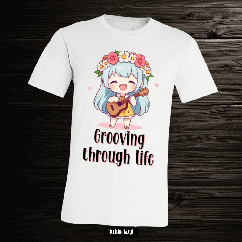 Funny T-Shirt: A delighted character adorned with a flower garland passionately plays a musical beat with a smile.