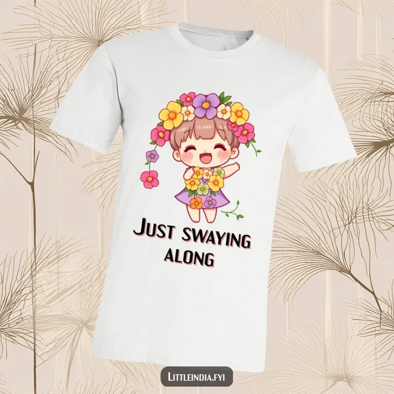 Funny t-shirt featuring a character adorned with a colorful flower garland, happily swaying with a serene smile.