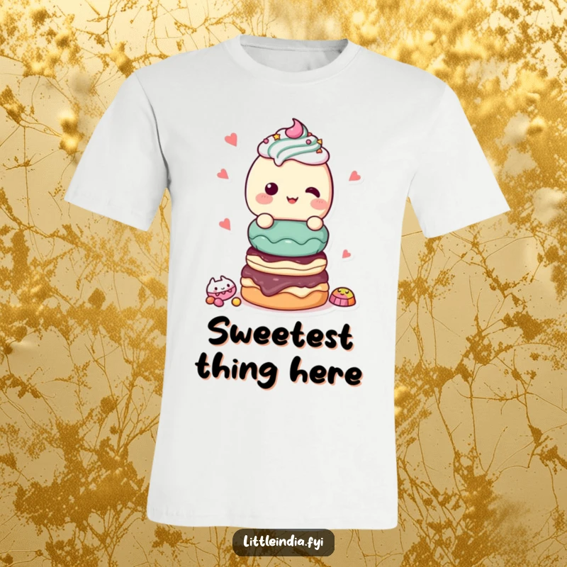 Funny T-Shirt: A giggling character offering a delightful stack of tempting, sweet treats with a joyful expression.