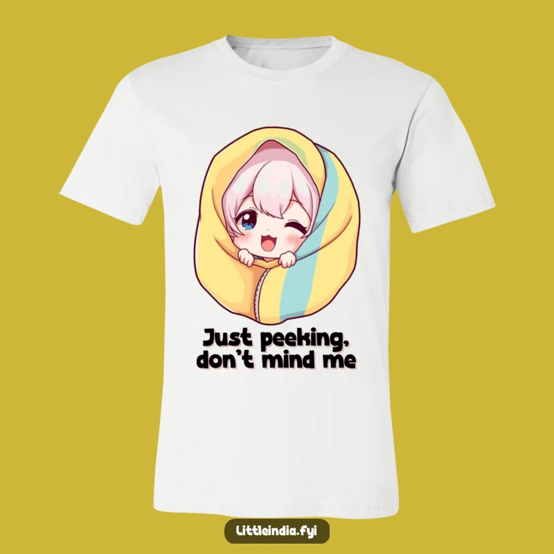 Funny Giggling Tee: Playful Character Peeking Behind Fabric T-Shirt - Hilarious Casual Wear