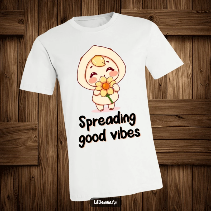 Funny t-shirt of a happy character joyfully offering a fragrant flower, embodying warmth and cheerful generosity.