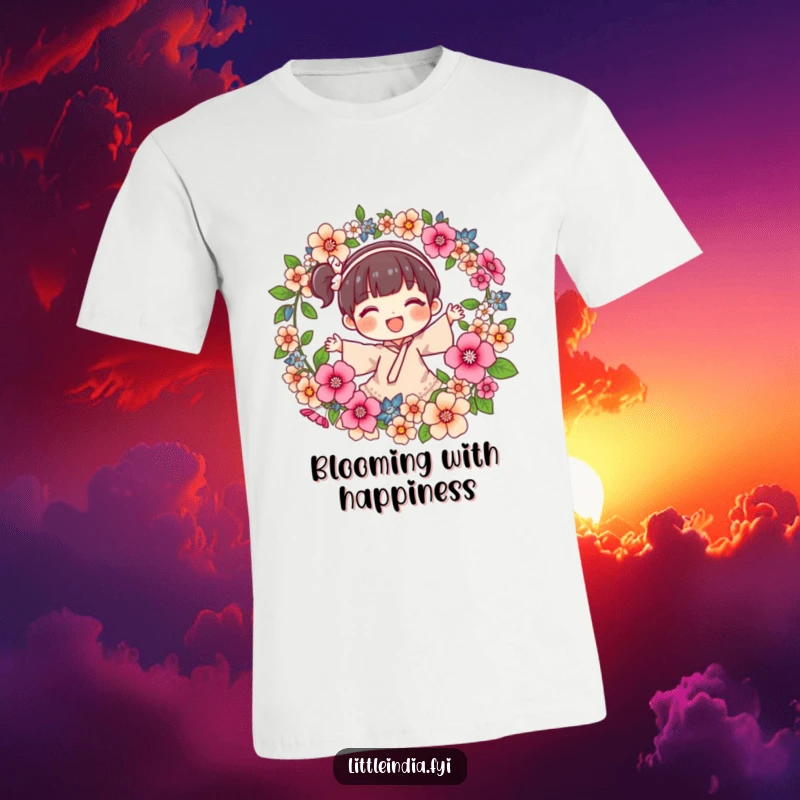 Funny T-Shirt showcasing a joyful character spinning a garland of fragrant flowers, representing nature's beauty and happy creativity.