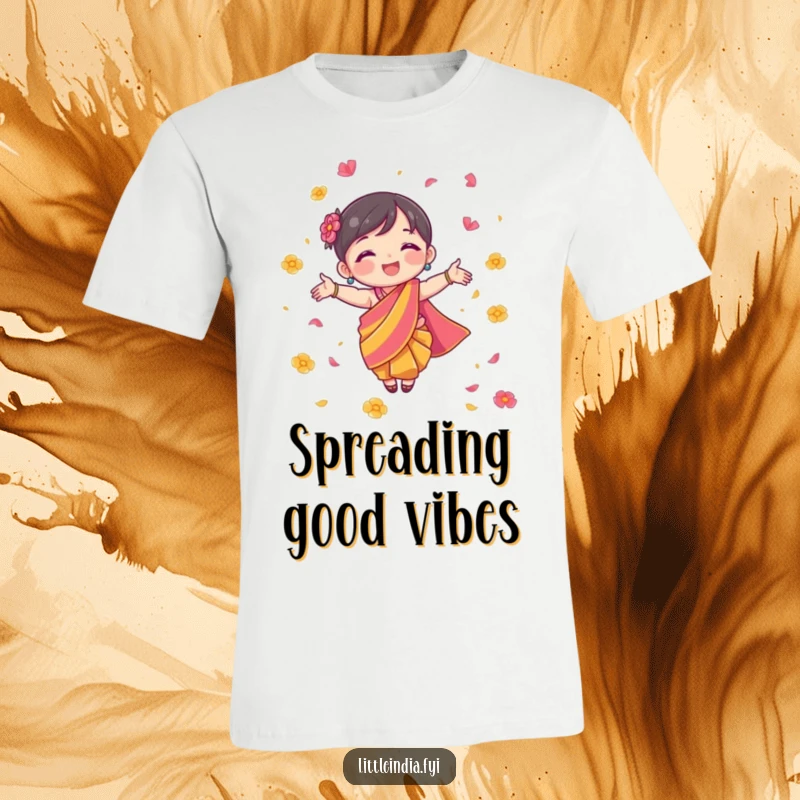 Funny T-Shirt showing a small character in a colorful sari, joyfully scattering flower petals with pure delight.