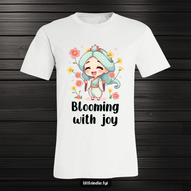 Funny t-shirt showing a character joyfully juggling jasmine flowers, symbolizing happiness, beauty, and lighthearted fun.