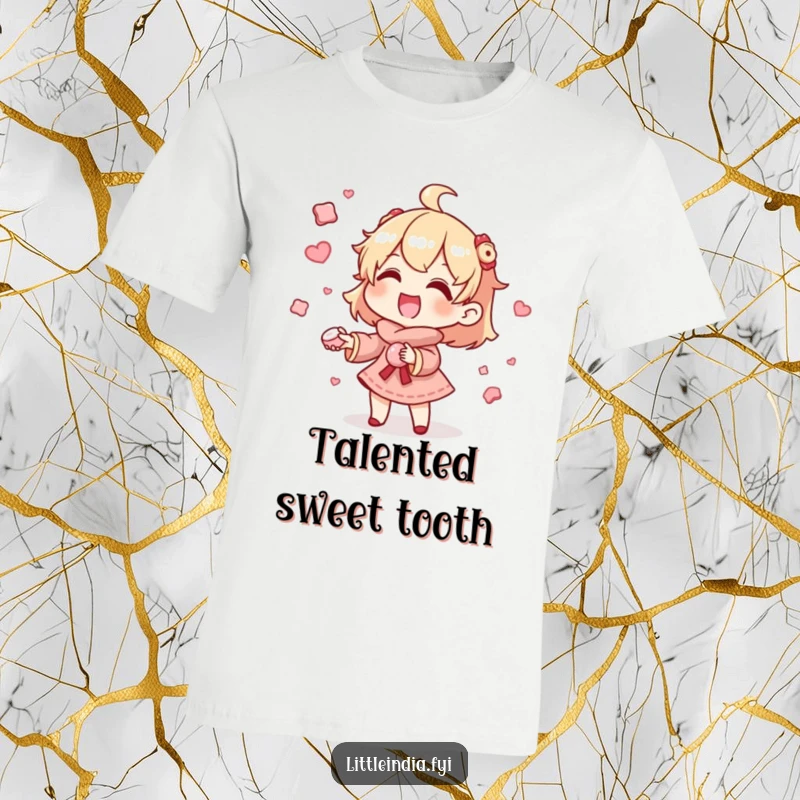 Funny T-Shirt: A gleeful character masterfully juggles tiny, aromatic sweets with impressive balance and a happy expression. Perfect funny gift.
