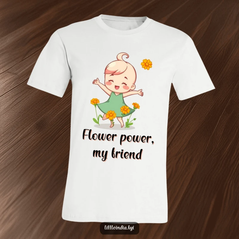 Funny T-Shirt: A happy character cheerfully dancing, adorned with small, colorful marigold flowers, exuding vibrant energy.