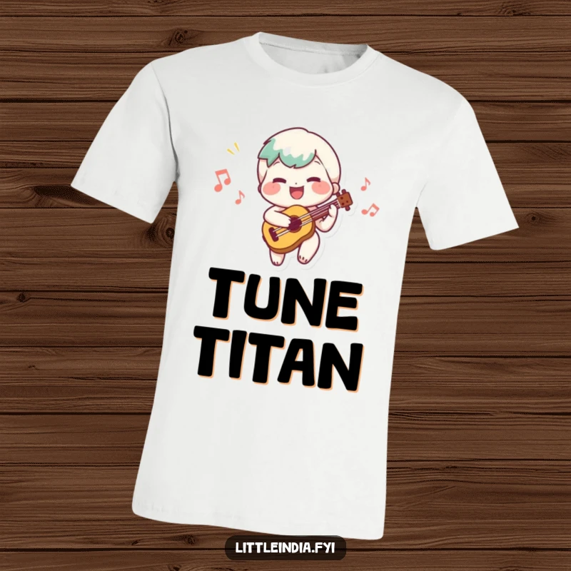 Funny t-shirt depicting a cheerful character playing a small musical instrument with a joyful expression and a happy tune.