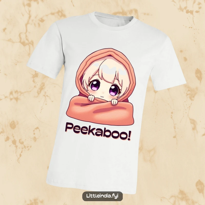 Funny t-shirt featuring a delighted character mischievously peeking from behind a brightly colored and textured textile, full of playful charm.