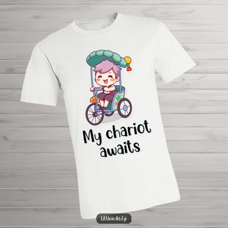 Funny t-shirt featuring a character with a big, playful grin, joyously pedaling a decorated rickshaw with a happy vibe.