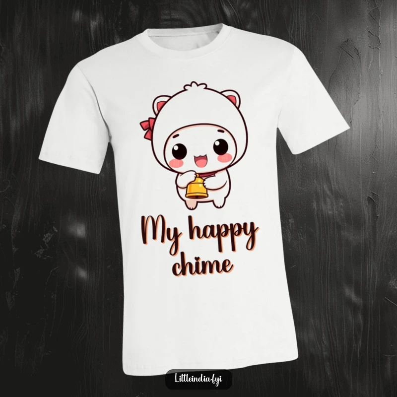 Funny t-shirt with a happy character actively ringing a small bell, symbolizing good news and joyful moments.