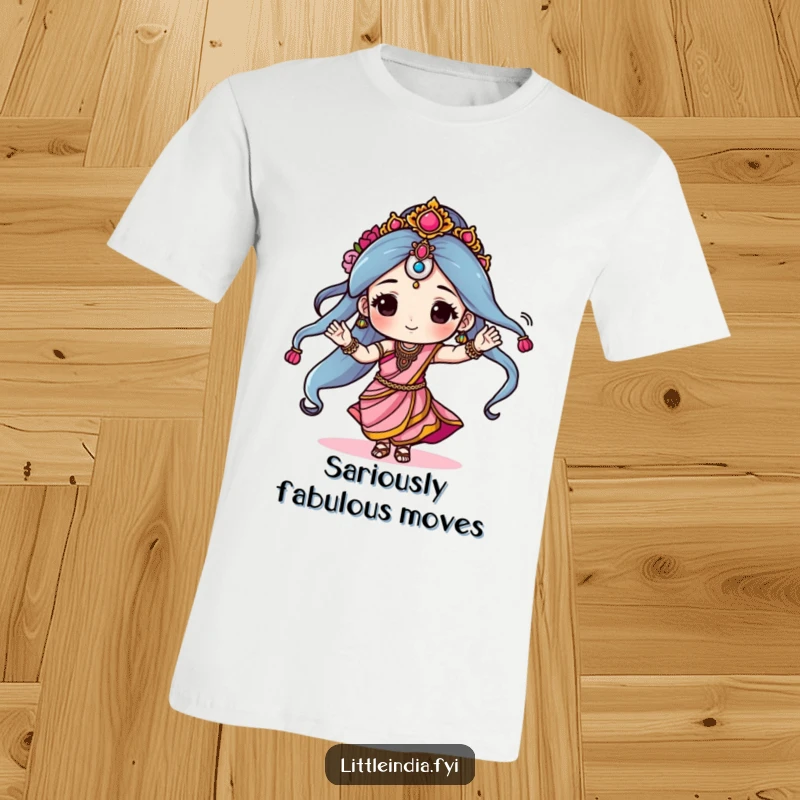 Funny t-shirt with a character energetically dancing in a colorful sari, radiating pure happiness and a playful attitude, a truly amusing apparel.
