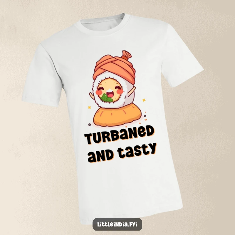 A happy sushi roll adorned with a tiny turban is joyfully riding a vibrant mound of spices, on a t-shirt.