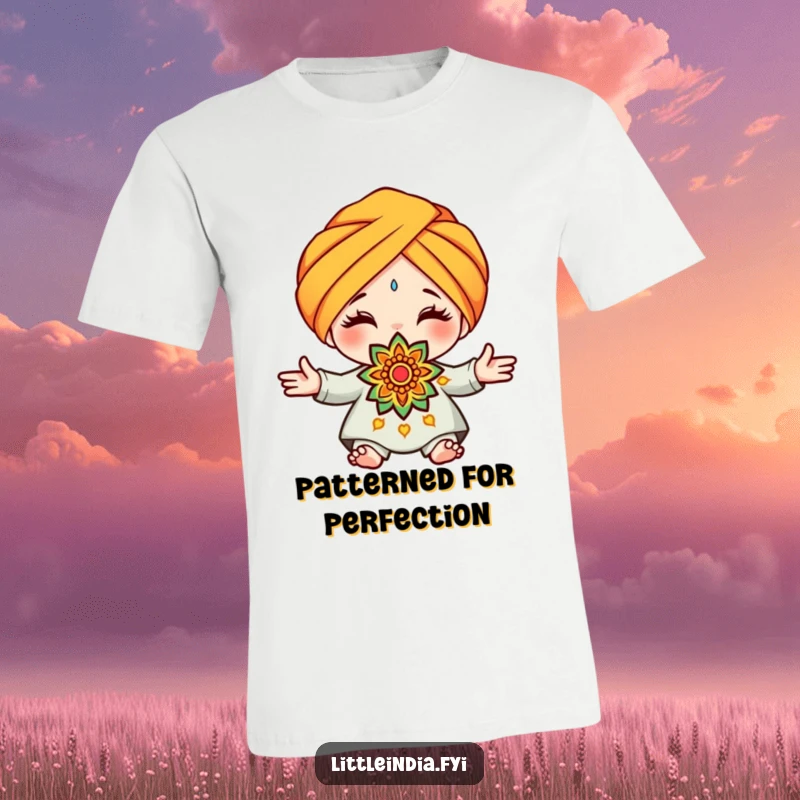 Funny turban rangoli t-shirt showing a cute character wearing a turban, gracefully offering a colorful and decorative rangoli pattern.