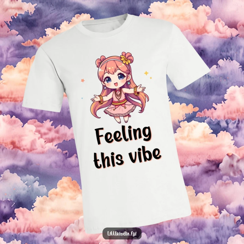 Funny T-Shirt: A whimsical character twirls energetically, her arms adorned with numerous colorful and noisy bangles, radiating fun.