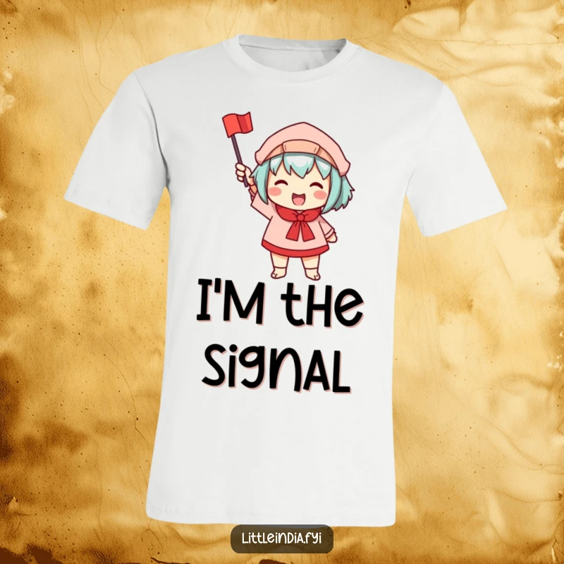 Funny t-shirt featuring a character enthusiastically waving a small, brightly colored flag, symbolizing joy and celebration.