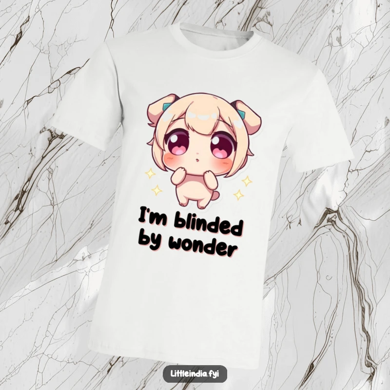 Funny T-Shirt showcases a character with wide eyes looking amazed at bright, sparkling lights, perfect for humor lovers.